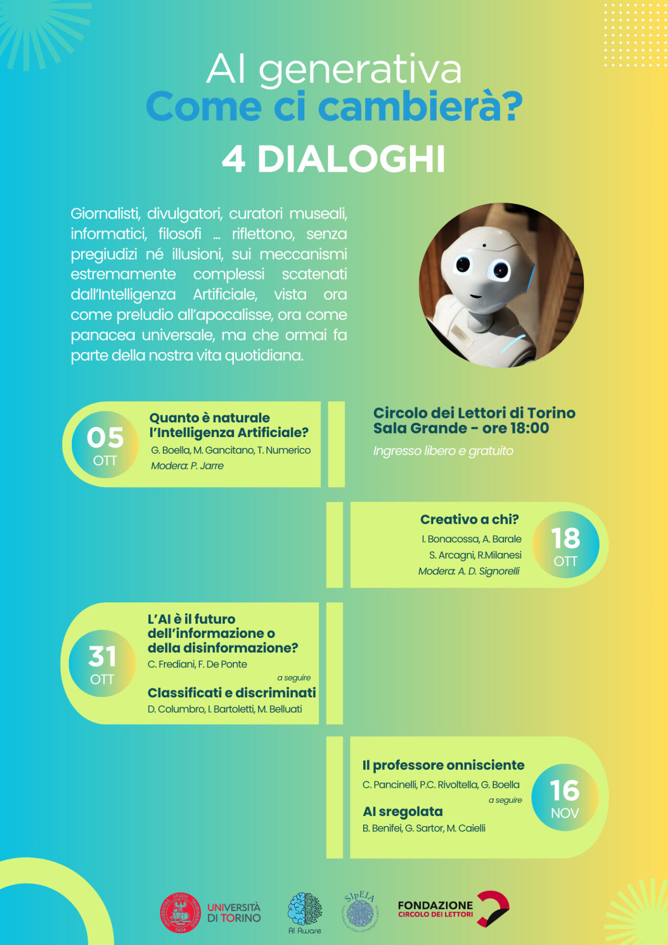 AI GENERATIVA: COME CI CAMBIERÀ? | Ciclo di dialoghi al Circolo dei lettori di Torino – 5, 18, 31 ottobre – 16 novembre