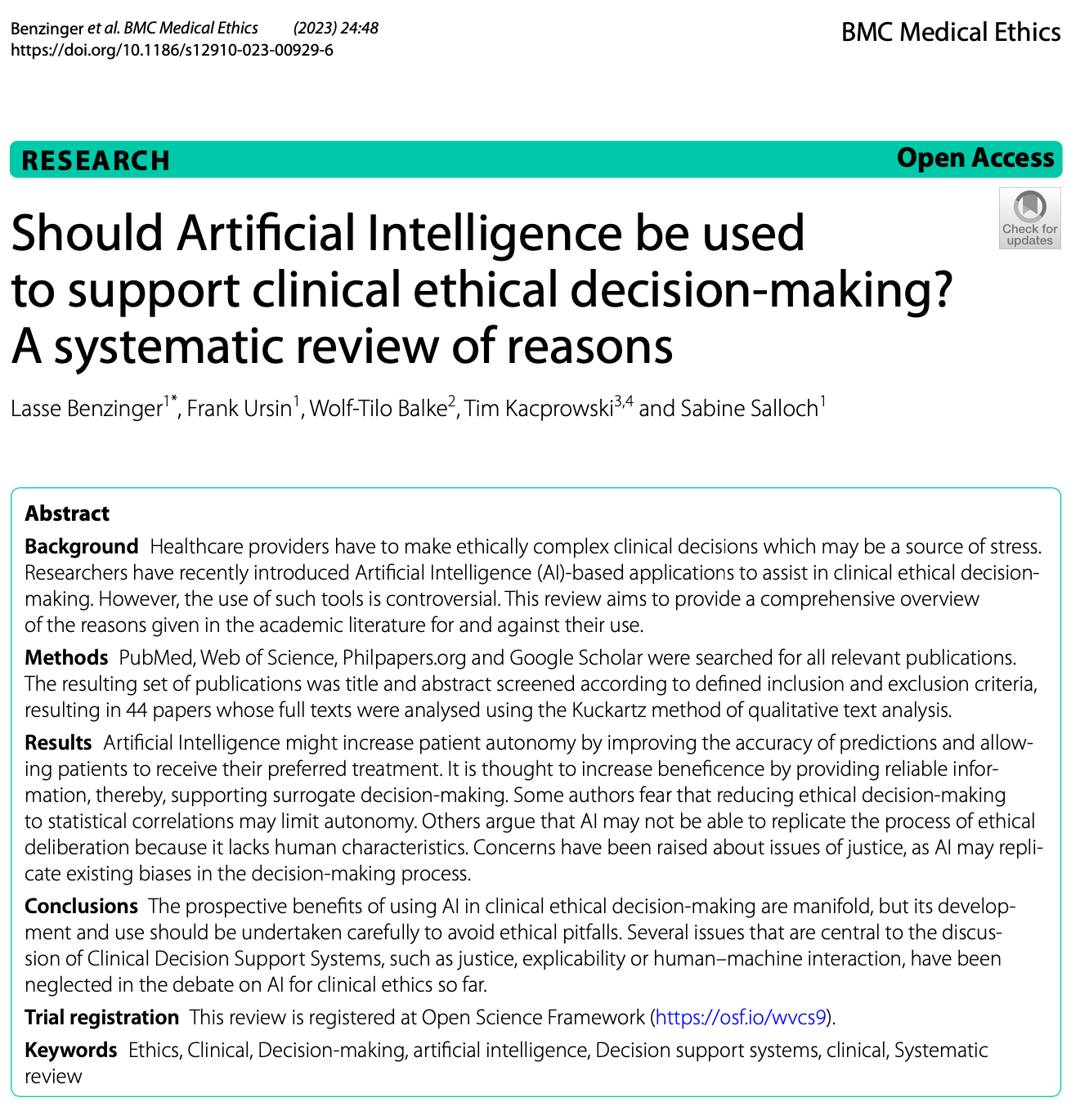 Dovrebbe l’Intelligenza Artificiale essere utilizzata per sostenere la presa di decisioni etiche cliniche? Una rassegna sistematica delle motivazioni