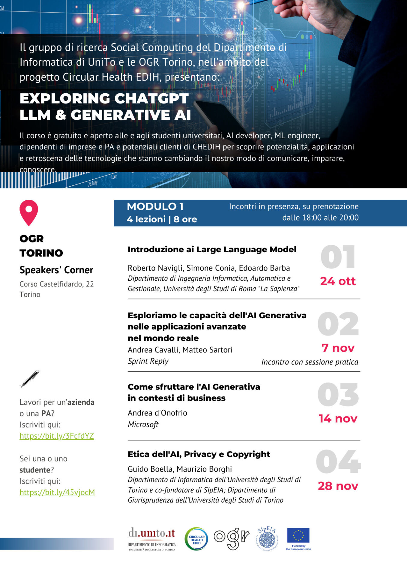 Corso EXPLORING CHATGPT, LLM & GENERATIVE AI. 24 ottobre, 7, 14 e 28 novembre, ore 18:00-20:00 – OGR Torino