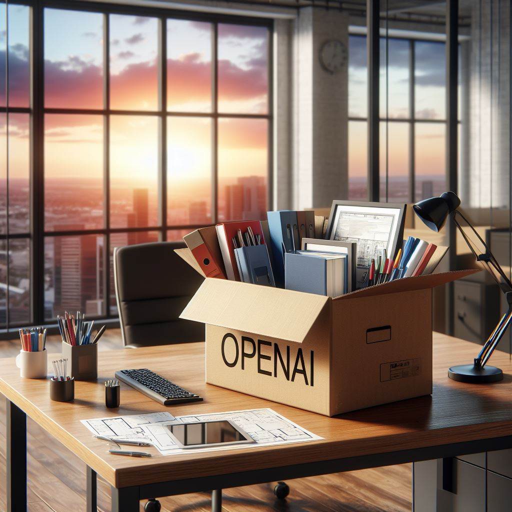 Imagine generata tramite DALL-E 3 di uno scatolone di cartone con tutti oggetti da scrivania, appoggiato su una scrivania.