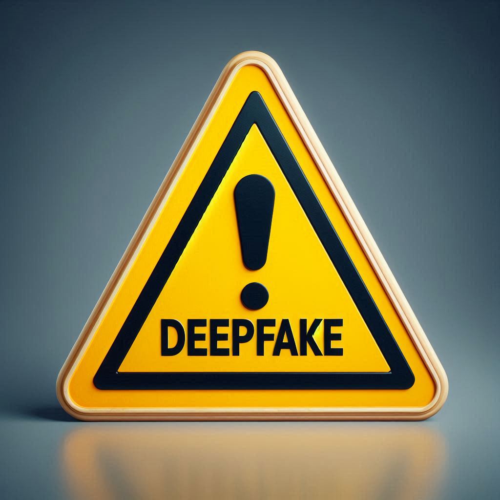 Triangolo giallo con punto esclamativo e sotto scritto Deepfake.