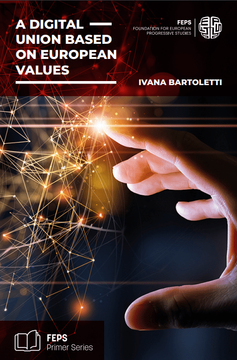 Copertina del libro A Digital Union Based on European Values di Ivana Bartoletti. L'immagine mostra una mano umana che sfiora un punto di luce brillante, da cui si diramano linee e connessioni digitali stilizzate che ricordano una rete tecnologica.