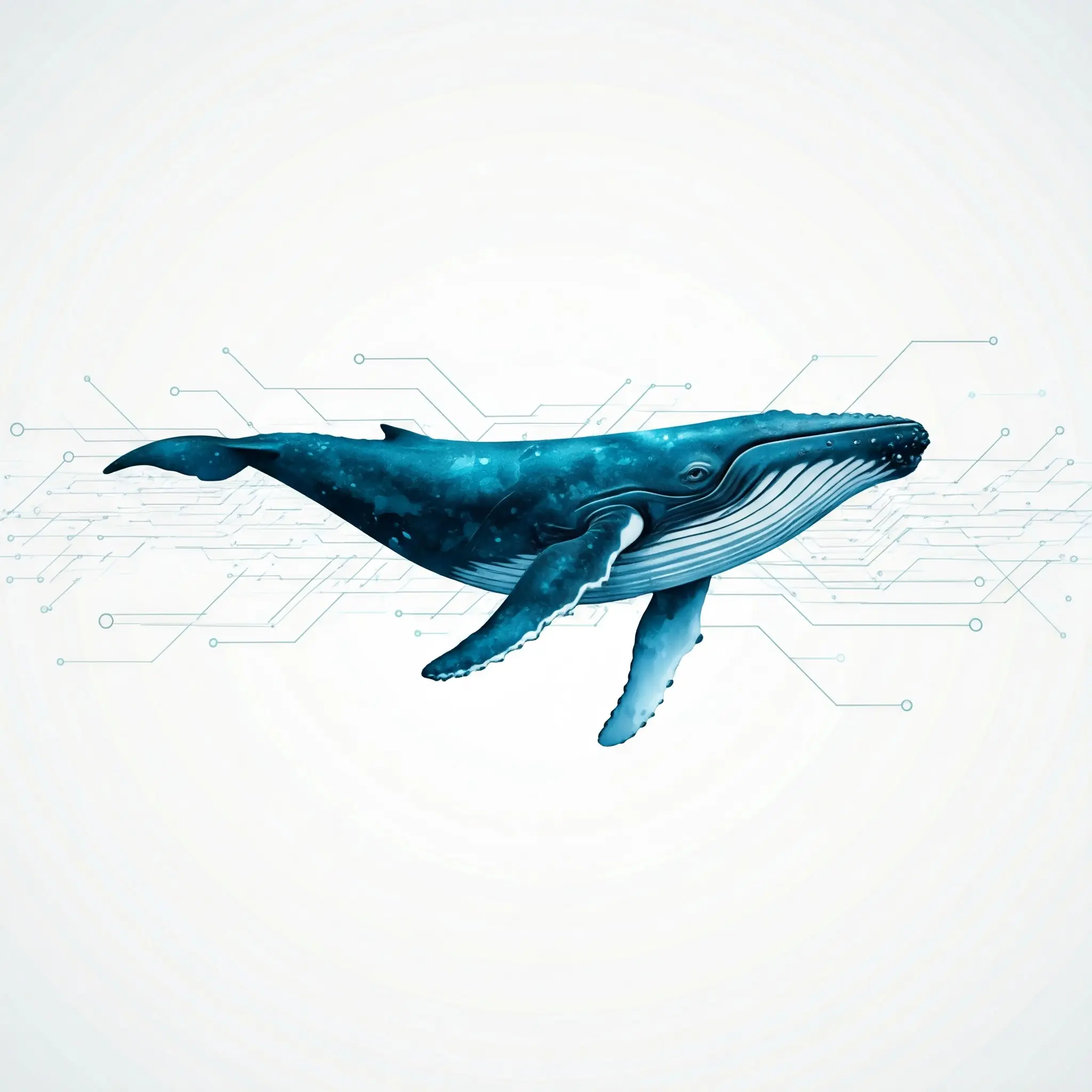 una balena su uno sfondo astratto a tema tecnologico che richiama il logo di DeepSeek