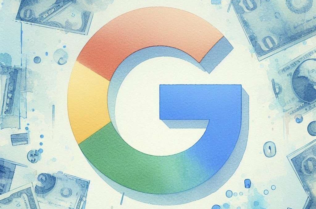 Logo di Google generato con DALL-E sopra delle banconote. Immagine stilizzata in stile acquario e di colori azzurri.