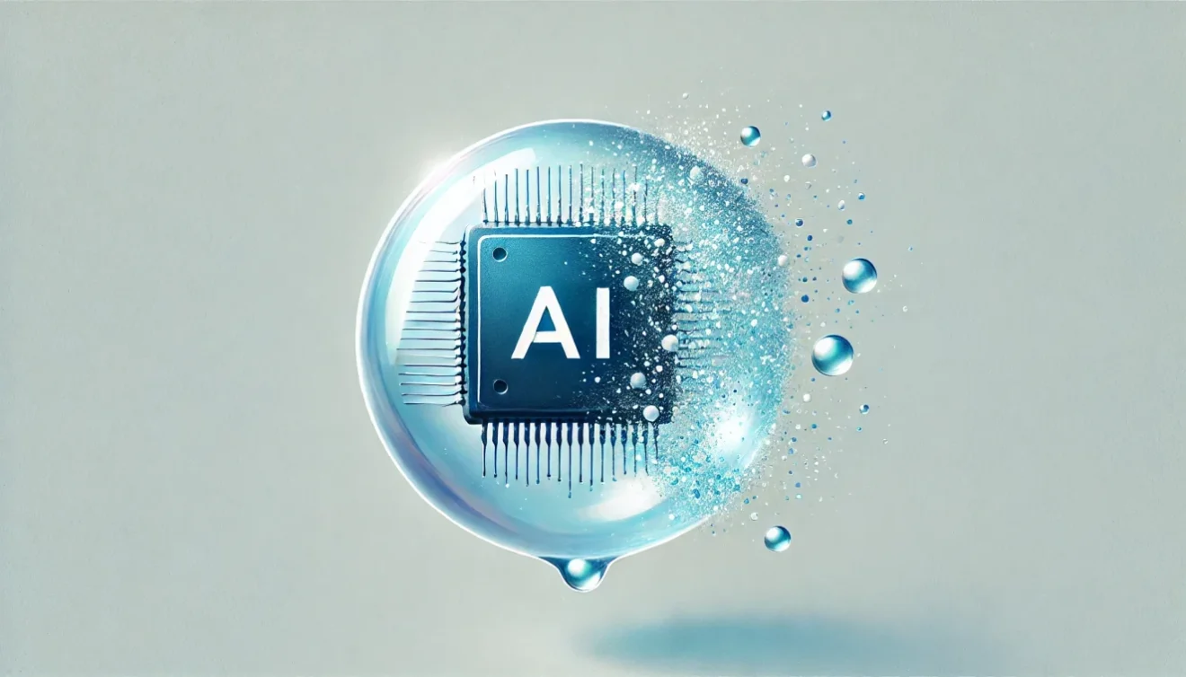 immagine astratta di una bolla con al centro un chip e la scritta IA che scoppia