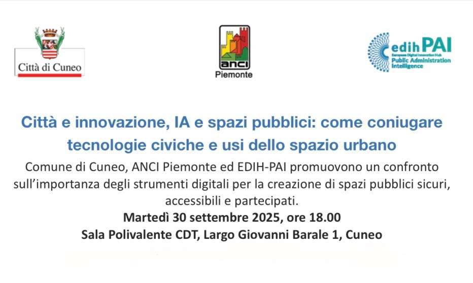 Locandina evento "Città e innovazione, IA e spazi pubblici: come coniugare tecnologie civiche e usi dello spazio urbano"