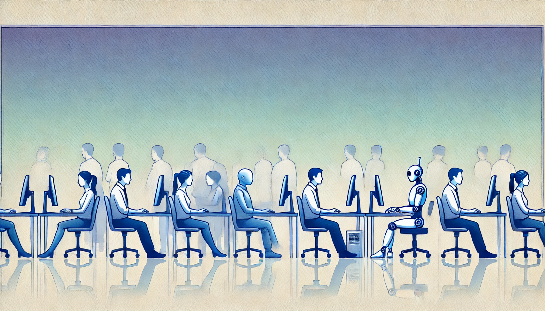 Programmatori umani in fila davanti ad un computer, con un robot in mezzo