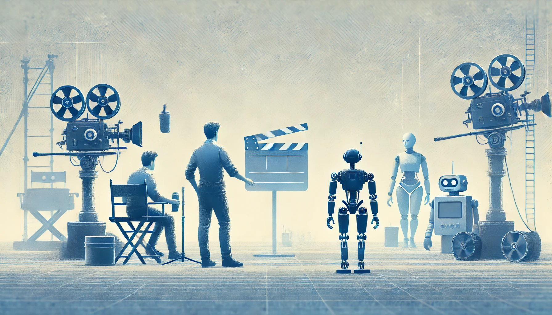 Regista cinematografico umano e un assistente robot che lavorano alla produzione di un film